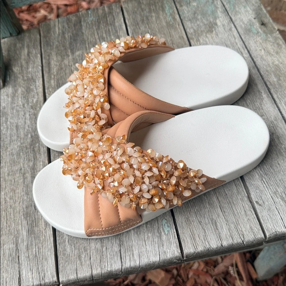 Embellished Tan Slide Sandals for Women - Bead Accent